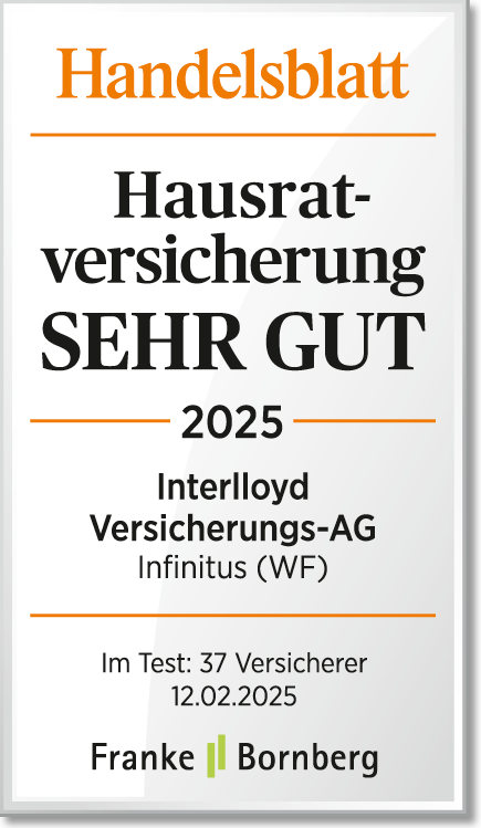 Siegel Handelsblatt Hausratversicherung Infinitus sehr gut von Franke&Bornberg 02/2025 Siegel Handelsblatt Hausratversicherung Infinitus sehr gut von Franke&Bornberg 02/2025